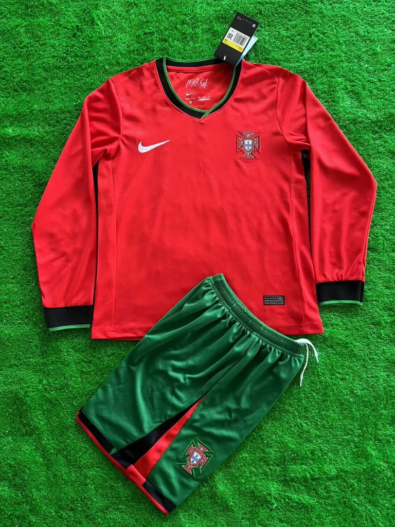 Kids-Portugal 2024 Euro Home Long Soccer Jersey